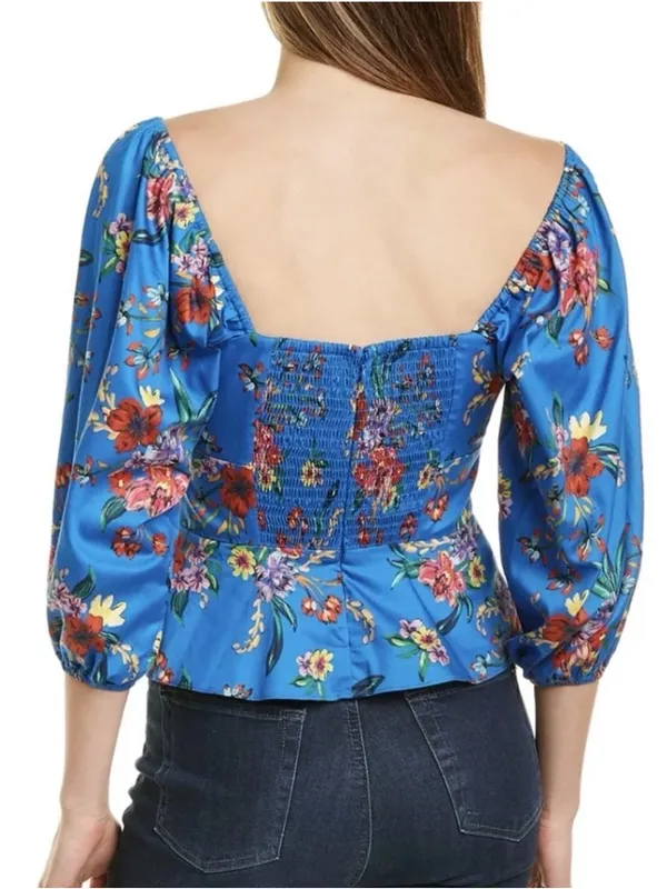 Parker Iggy Blue Floral Peplum Puff Sleeve Tie Front Blouse Size Small - Image 10
