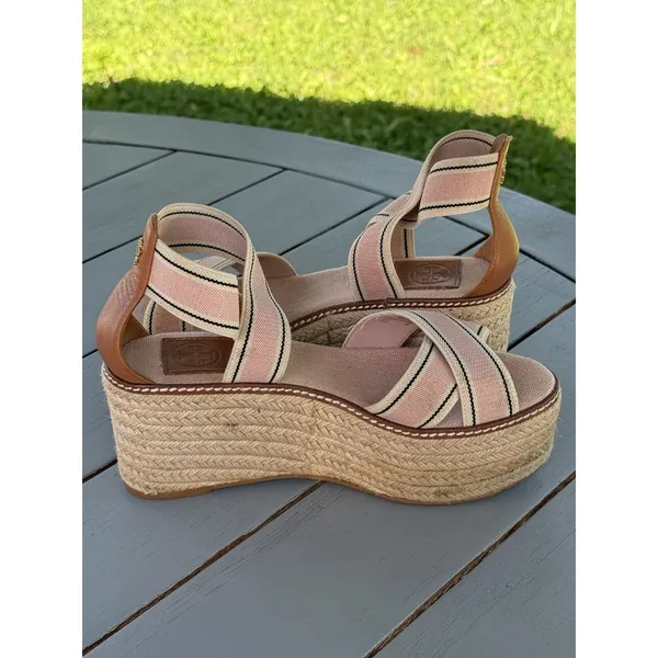 Tory Burch Pink Beige Striped Strappy Wedge Platform Slip-On Sandals Size 7M - Image 5