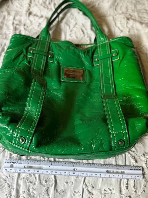 Guess Shiny Green Patent Tote with Branded Plaque - Image 2