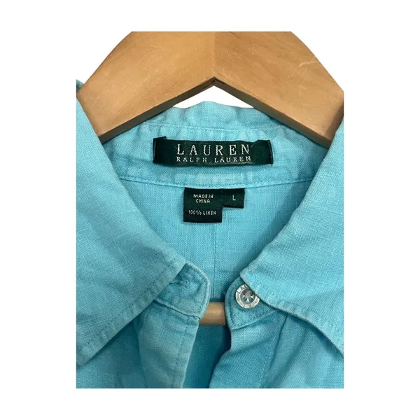 Lauren Ralph Lauren Top Womens Large Blue Linen Coastal Button Up Preppy Casual - Image 3
