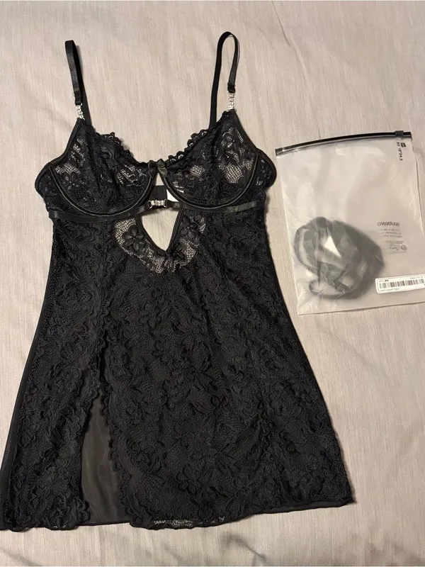 Shein Small Black Lace Mesh High Slit Mini Lingerie Dress, Rhinestone Wired Cups - Image 4