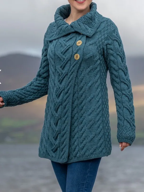 Aran Woollen Mills 3 Button Long Supersoft Merino Wool Cableknit Cardigan Blue - Image 7