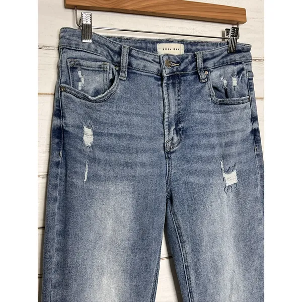 RISEN JEANS Size 29 Straight Leg High Rise Distressed Stretch Blue Denim - Image 2