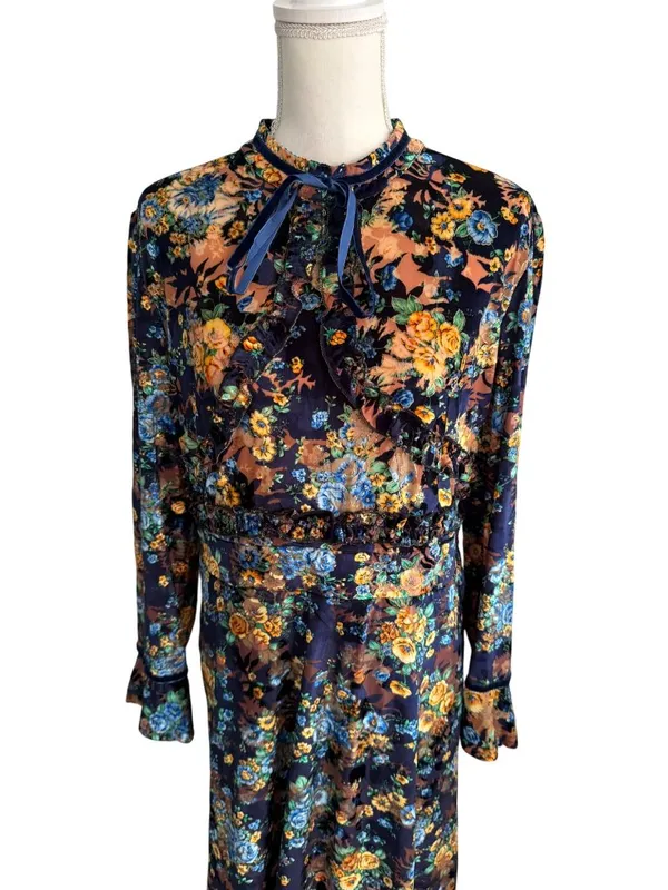 DALIA MACPHEE High Neck Velvet Floral Long Sleeve Dress Size XL - Image 5