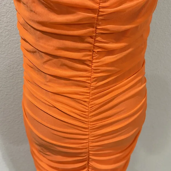 Orange Ruched Draped Dress Size L - Image 4