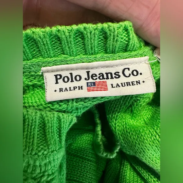 Vtg Polo Jeans Co. Ralph Lauren Women's L Cable‎ Knit Sweater Lime Green Japan - Image 6