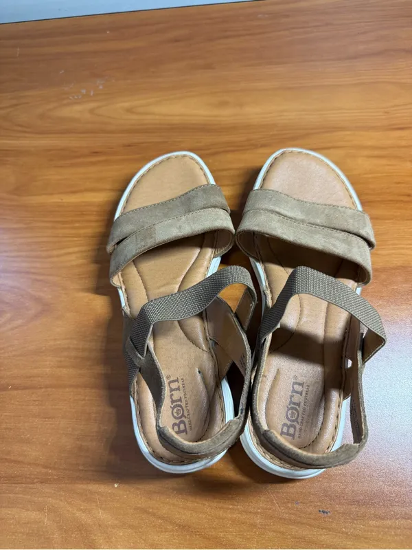 Born Tan Green Slingback Elastic Flat‎ Sandal Leather Suede Comfort Summer W7 - Image 3