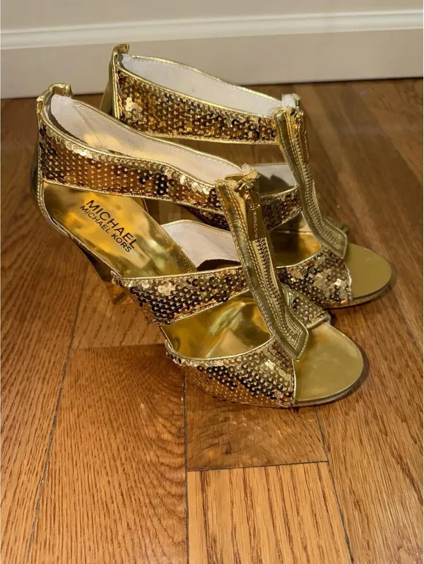 Size 8 Women’s Michael Kors Women's Gold Sequins Berkley Strap Heels IOB - Image 10
