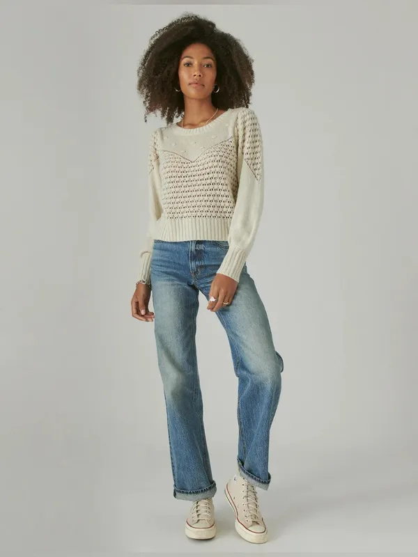 Lucky Brand Ivory Textured Open Knit Dot Sweater Size Small - Image 3
