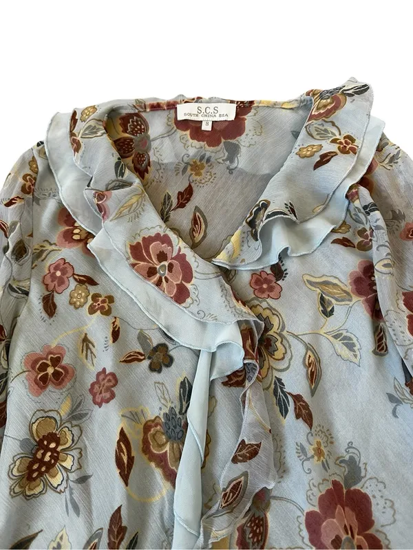 Y2K Light Blue Floral Ruffle Top Bell Sleeves Ethereal Feminine Romantic Boho - Image 2