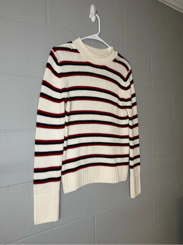 NWT Quince 100% Organic Cotton Roll Neck Sweater Off White/Navy/Red Stripe Sz XS - Image 5