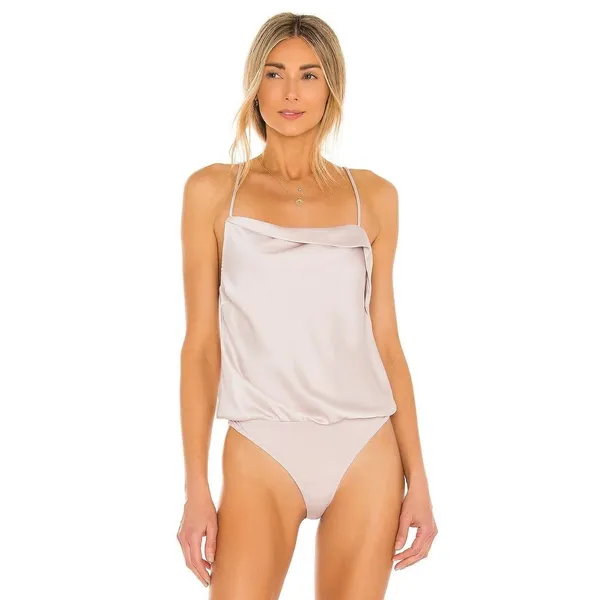 ASTR The Label The Drape Pink Silk Satin Spaghetti Strap Sleeveless Bodysuit Top - Image 2