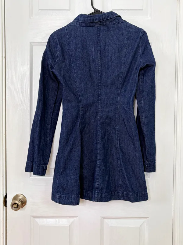 ZARA Dark Wash Denim Mini Dress XS Bow Tie Neck Casual Coquette Preppy Shirt NWT - Image 3