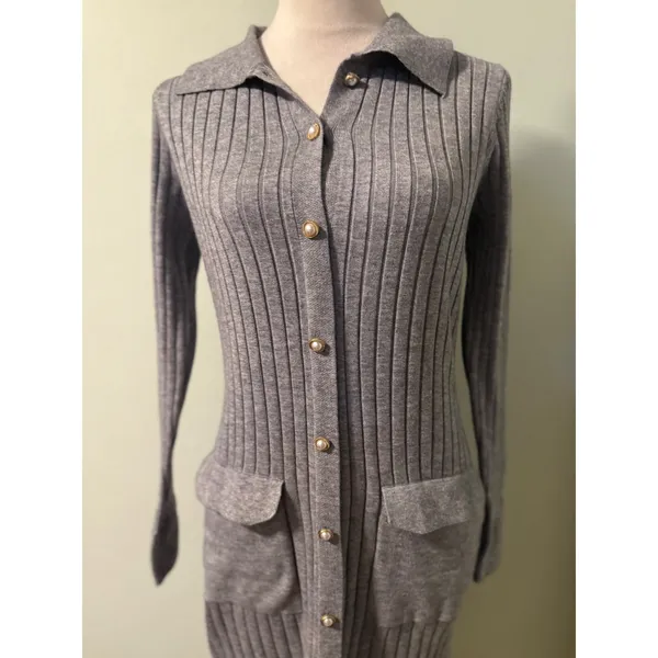 Nanette Lepore Ribbed Knit Collared Button gray Midi Dress‎ S classic body con - Image 4