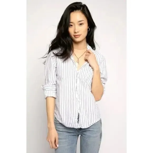 FRANK & EILEEN Crinkle Barry Buttondown Top Blouse‎ White Blue Dotted Small - Image 14
