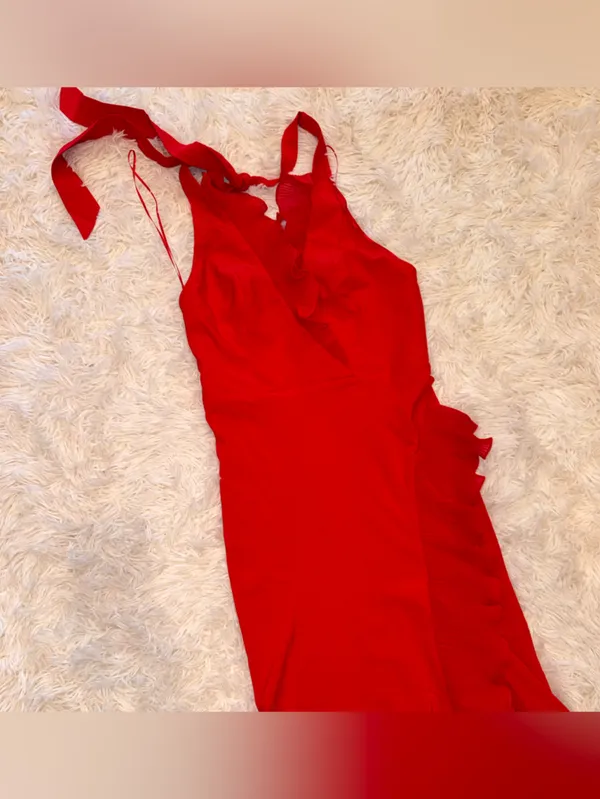 NEW Dress The Population Kathleen Ruffle Halter Gown with Train Rogue Red Sz S - Image 5