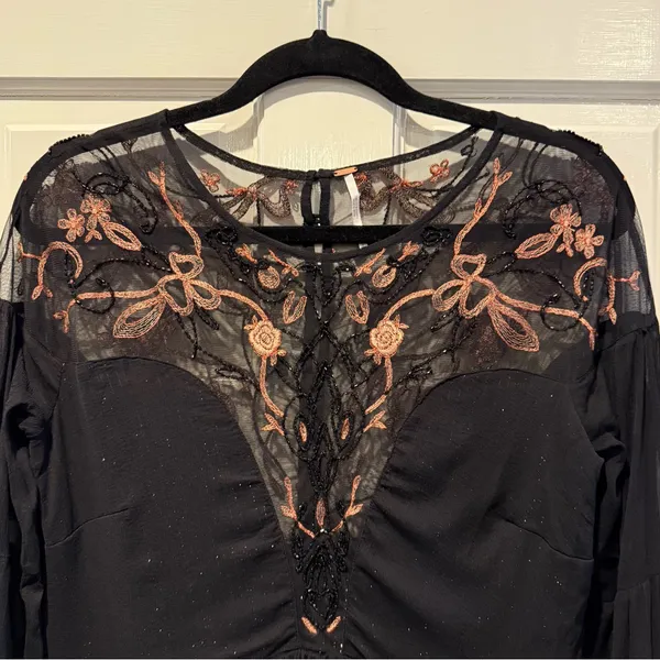 Free‎ People Floral Embellished Metallic Shimmer Lace Dress Black Size Small - Image 2