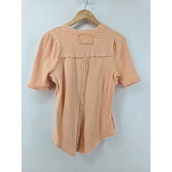 We‎ The Free T-Shirt Womens L Waffle Knit Smocked Yoke Peach Short Sleeve - Image 2