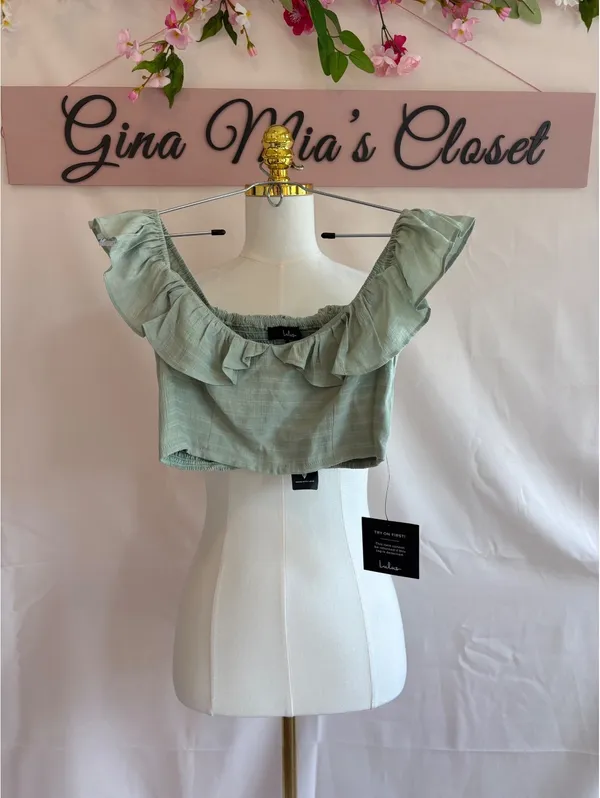 Lulus XS Sage Green Ruffle Off-Shoulder Crop Top - Image 2