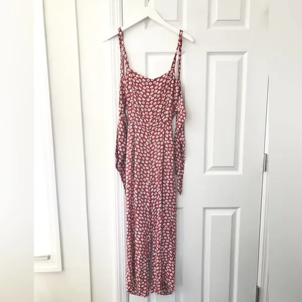 Faithfull the Brand Playa Red Floral Cropped Wide Leg Jumpsuit Tie Back XS 2 - Image 3