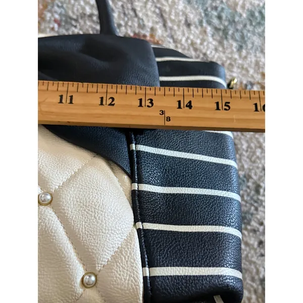 Betsey Johnson Black White Striped Quilted Bow Satchel Bag Pearl Heart Logo - Image 7