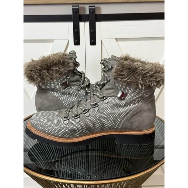 Report Women’s Size 10 Grey Combat Hiking Boots Faux Fur Collar Rhinestone Studs - Image 6