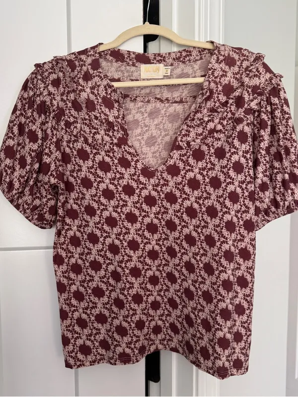 Nation LTD Judith Tee Ikat Floral Notch Neck Puff Sleeve Top‎ Mauve Top - Image 3