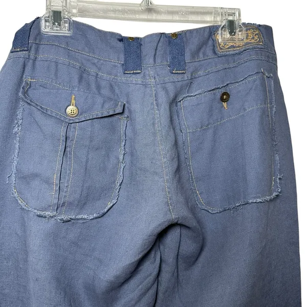 Y2K Linen Cargo Capri Blue Utility Boho Cropped Pants Sz L Button‎ Fly Wide Leg - Image 5