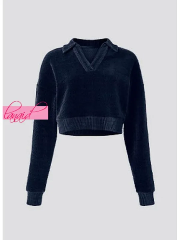 Alo Cropped Cozy Day Henley Pullover Navy V-Neck Velvet Velour Chevron Sweater S - Image 9