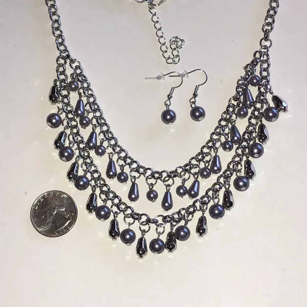 Silver Tone Light Purple Bead Multi-Strand Necklace & Earrings Set - Image 4