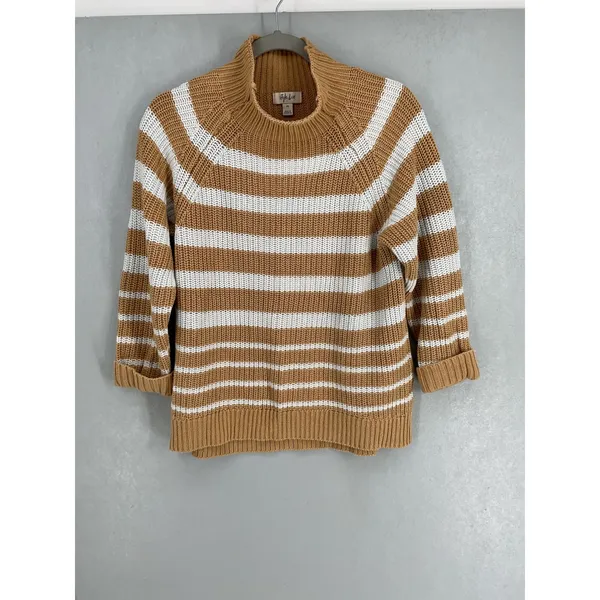 Style & Co Womens Sweater Mock Neck Striped Cotton Knit Camel White PS - Image 2