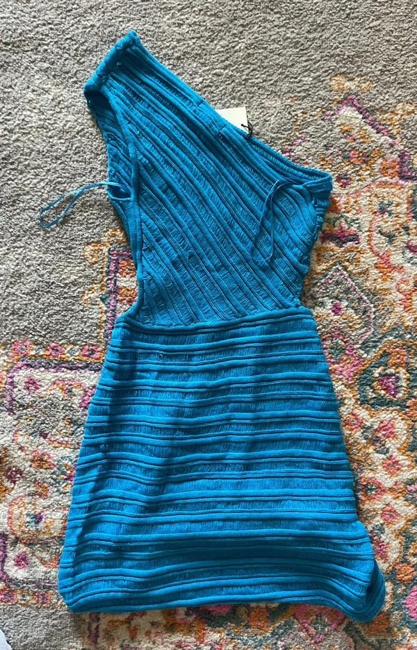 one Shoulder Knit Mini Dress Blue Size M - Image 2