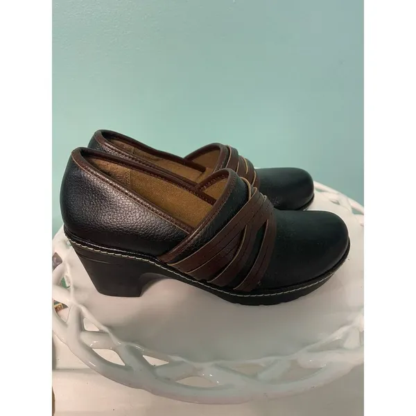 Thom McAn Casper Size 6 Black Brown Leather Wedge‎ Heel Clogs Shoes S-300 - Image 2