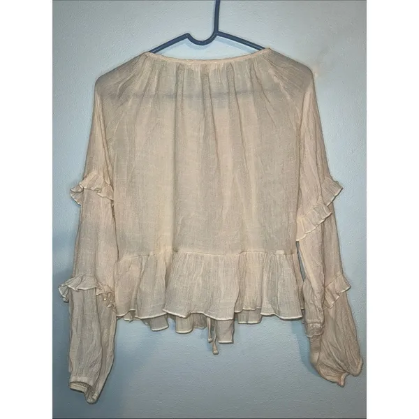 Women’s altar’d state cream tie front long sleeve ruffled sleeve blouse boho - Image 3