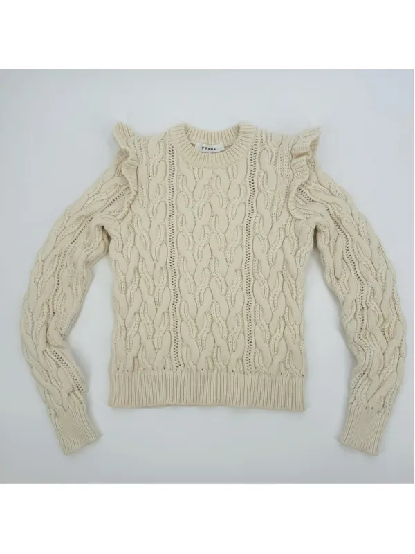 Frame Sofia Cable Knit Ruffle Sweater Beige XS - Image 3