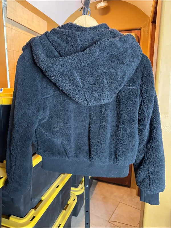 Aeropostale Black Faux Fur Sherpa Bomber Jacket Hooded Cozy Size Small - Image 6