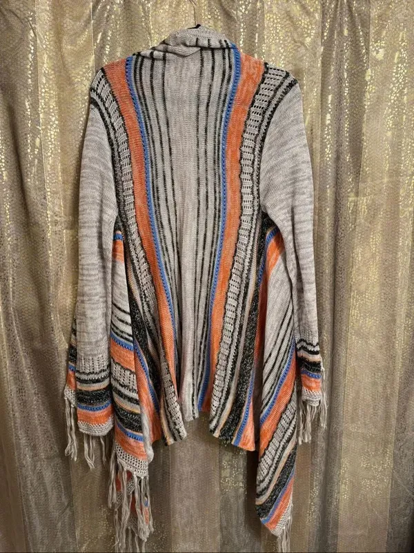 Umgee Striped Boho Fringe Hem Open Cardigan Tan Orange Black - Image 2