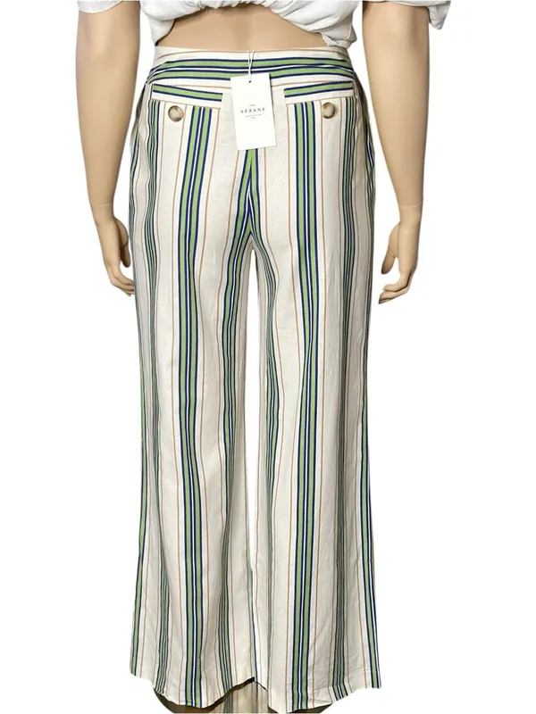 SÉZANE Clayton Linen Cotton Pants, Beige Blue Green Stripes, FR44/US12 - Image 6