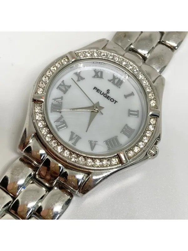 Peugeot women’s silver tone watch 31mm mop dial rhinestones quartz 7” running - Image 2