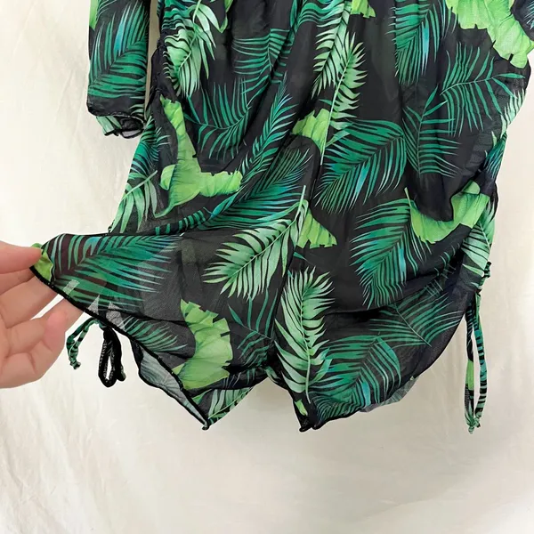 3 Piece Green Jungle Tropical Swim Set Bikini & Sheer Cover Up L - Image 3