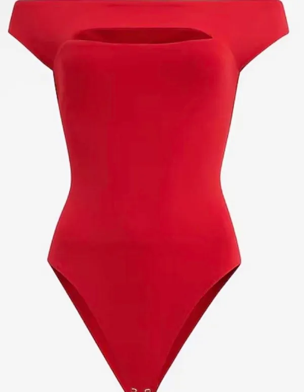 Express Red Body Contour Chest Cut Out Off Shoulder Bodysuit New With Tags Size XS - Image 2