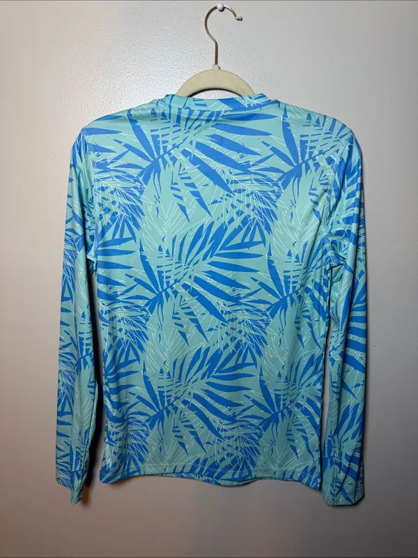 Salt Life Aqua and Blue Palm-Print Long Sleeve Shirt Small UV Protection - Image 4