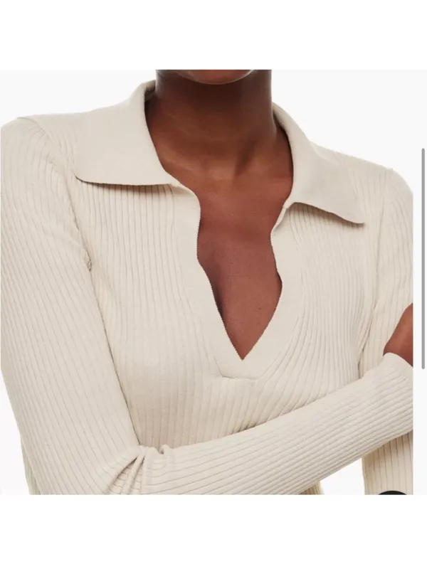 Aritzia Babaton Sculpt Knit Long Sleeve Polo Beige Taupe S - Image 2
