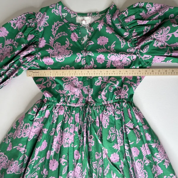 Xirena Aurie Mini Dress Large‎ Green Pink Floral Cotton Puff Sleeve Cottage Boho - Image 11