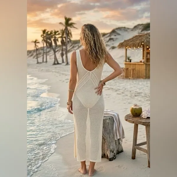 Boho Crochet Knit Maxi Cover Up Dress White Sleeveless V-Back Summer Resort - Image 3