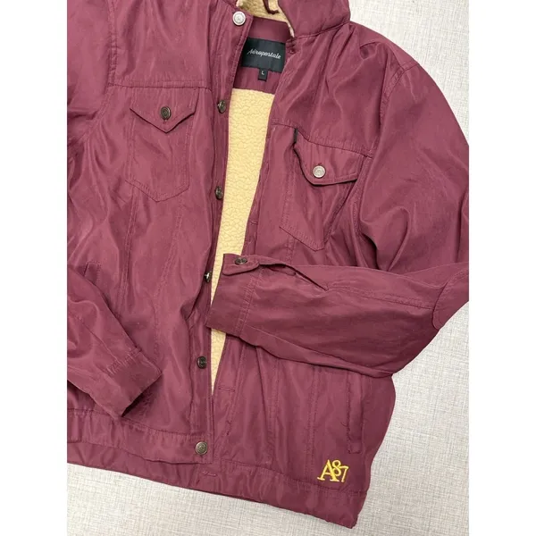 Aeropostale Burgundy Red‎ Sherpa Coat Mens Large Button Front - Image 4