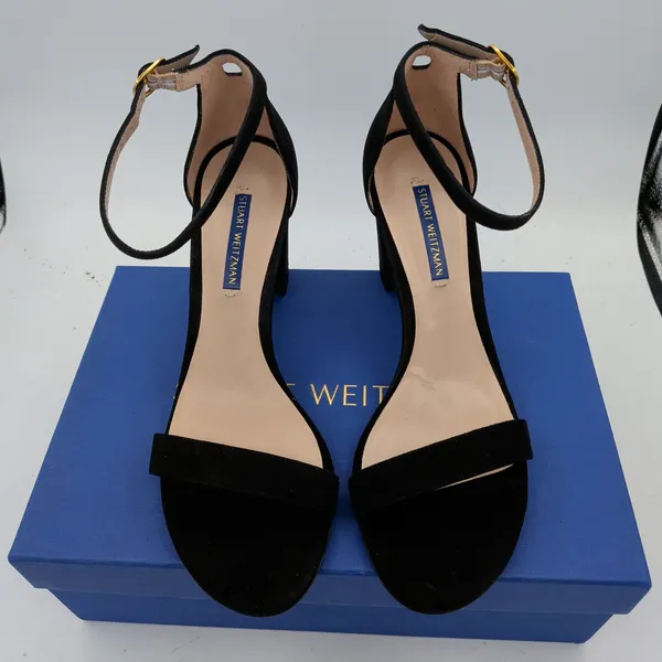 Stuart Weitzman Nearlynude Black Suede Block Heel Sandals ZW59314‎ Size 8 - Image 4