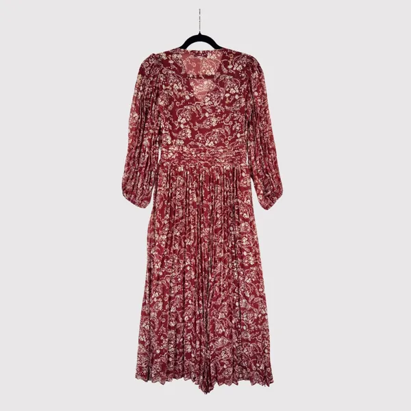 En Saison Womens Dress Red Maxi V Neck Floral Puff Sleeve Pleated Fairycore XS - Image 3
