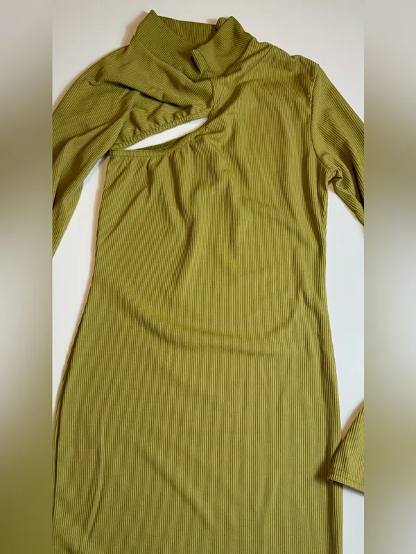 Pretty Little Thing Olive Ribbed Asymmetric One Shoulder‎ Cut Out Bodycon MiniDress Size4 - Image 4