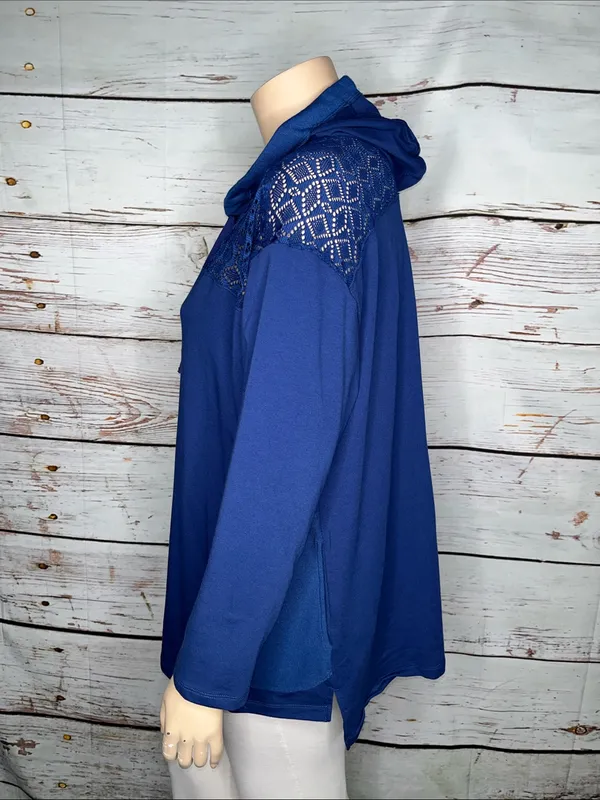 LOGO Lounge Lori Goldstein 2X Blue - Eyelet Lace Zip Front Knit Jacket w/ Hood - Image 7